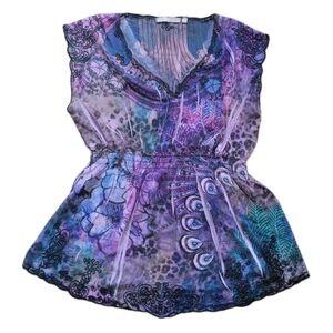 Y2K Empire Waist Whimsy Peacock Embroidered Cheetah Floral Fairy V-Neck Sheer L